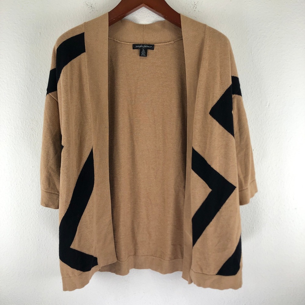 Boho Chic Zigzag Womens XL Camel Tan Black Geometric Cotton Open Front Cardigan